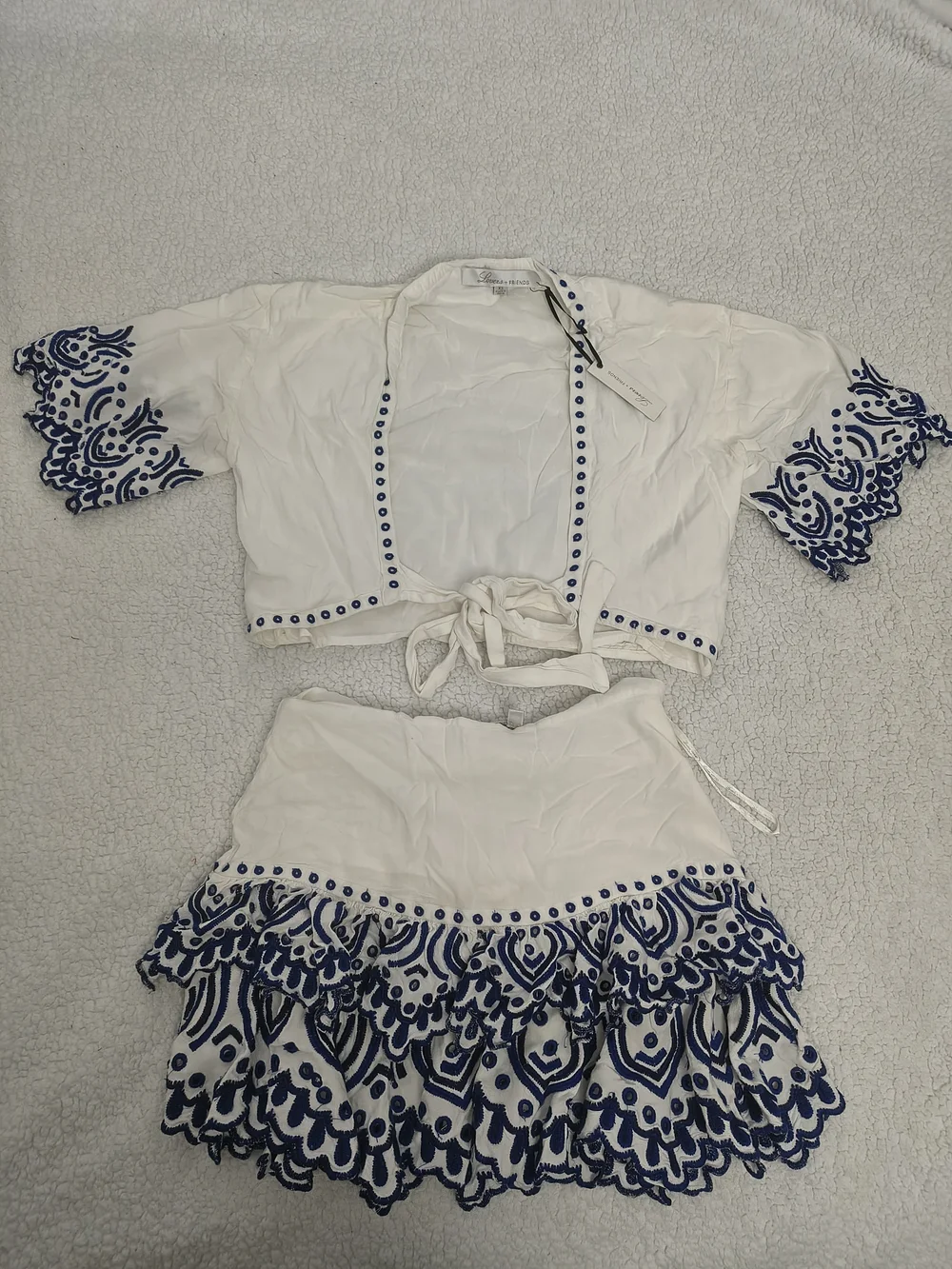 Lovers + Friends White Two-Piece Top & Skirt Set with Navy Embroidery